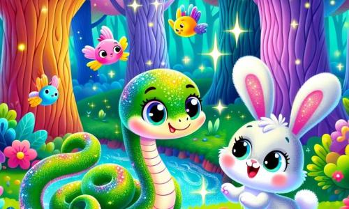 Um pequeno serpente chamado Sisi, com escamas verdes brilhantes e olhos curiosos, se contorce alegremente perto de um riacho cintilante, com um sorriso maravilhado no rosto. Ao lado dele, Tico, um coelhinho de grandes orelhas brancas e pelagem macia, salta com entusiasmo, seus olhos brilhando de alegria, incentivando Sisi a explorar. O cenário é uma floresta mágica, com árvores de troncos coloridos e folhas cintilantes, onde flores multicoloridas dançam ao ritmo do vento e pássaros cantam melodias alegres. Nesta cena, Sisi, embora tímido, começa a se sentir corajoso, pronto para se aventurar além de sua zona de conforto, enquanto Tico o incentiva com um grande sorriso, criando uma atmosfera de camaradagem e magia.