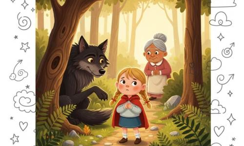 A 6-year-old girl with a round, freckled face and blond hair in two braids, wearing a small red cape and looking brave but slightly worried as she clutches her cape on a narrow forest path; a kindly smiling grandmother in her 70s with gray hair in a bun watches from the path entrance in the background; a large dark-coated male wolf with bright, sly eyes crouches partly behind a twisted oak at the path’s edge as if suggesting a detour; setting: narrow fern-lined trail, tall rough-trunked trees, golden light filtering through leaves, a tale-like scene with warm colors and soft contrasts, a simple non-threatening visual confrontation—girl resolute on the path, wolf distracting from the shadows, grandmother watching from a distance.
