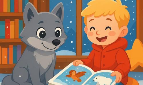 Ein kleiner grauer Wolf namens Linus mit großen, leuchtenden Augen und einem schüchternen Lächeln sitzt auf einem weichen Schneeteppich, umgeben von langsam fallenden Schneeflocken. Er schaut fasziniert auf ein offenes Buch vor ihm, in dem Bilder von Wintertieren auf den Seiten tanzen. Neben ihm sitzt ein kleiner Junge mit blonden Haaren und roten Wangen, der einen leuchtend roten Mantel trägt und fröhlich lächelt, während er eine Illustration eines Eisbären zeigt. Er sitzt auf einem weichen Kissen, seine Augen funkeln vor Aufregung. Die Umgebung ist eine gemütliche Kinderbibliothek mit Regalen voller bunter Bücher, sanften Lichtern, die funkeln, und großen, sternförmigen Kissen, die auf dem Boden verstreut sind. Die Hauptszene zeigt Linus und seinen neuen Freund, die einen Moment der Freude teilen, vertieft in ihr Buch, umgeben von der Magie des Winters, die durch die Fenster strömt und eine warme, einladende Atmosphäre schafft.