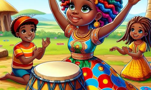 A Cheffe Nana, uma mulher forte com cabelos crespos e brilhantes, veste um vestido colorido adornado com padrões africanos. Ela tem um sorriso caloroso e determinado, levantando os braços para reunir as crianças. Ao seu lado, um menino de 6 anos, com olhos brilhantes e um boné vermelho, brinca com uma menina de 5 anos, que tem tranças longas e um vestido amarelo brilhante. Eles estão sentados na grama verde, cercados por flores coloridas. O local é uma clareira ensolarada, com um majestoso baobá no centro, e o grande tambor da aldeia repousa aos seus pés, silencioso. A cena principal mostra Nana incentivando as crianças a brincarem juntas para fazer ressoar o tambor alegre, preenchendo o ar com risos e felicidade.