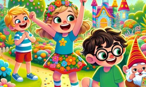 In an enchanted garden, three friends stand at the center of the scene. Benny, an 11-year-old boy with messy brown hair and round glasses, is joyfully dancing with his arms raised and a big smile on his face, wearing a blue t-shirt and red shorts. To his right, Lucy, an 11-year-old girl with braided blonde hair and glasses, is laughing while holding a colorful treasure map, dressed in a floral dress and sandals. On the left, Max, an 11-year-old boy with curly black hair, crouches with a mischievous look, observing a garden gnome, wearing a green t-shirt and shorts. The garden is vibrant with sparkling flowers, candy-like trees, and a bright blue sky. In the background, a majestic candy castle stands with licorice walls and candy cane windows. The main scene shows the three friends discovering an angry gnome after being knocked over, while a licorice dragon approaches them with a mischievous smile. The atmosphere is filled with laughter and adventure, capturing the playful spirit of their magical quest.