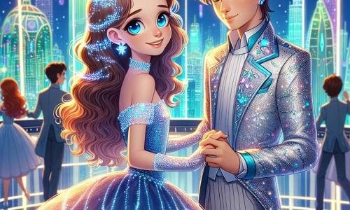 Cenicienta, una joven de aproximadamente 16 años, se encuentra en el centro del escenario, vestida con un magnífico y brillante vestido azul que brilla como un cielo estrellado. Su cabello, largo y ondulado, está adornado con pequeñas estrellas brillantes, y su rostro expresa una alegría mezclada de asombro mientras baila con el Príncipe Eléctrico. El Príncipe Eléctrico, un joven de unos 18 años, tiene cabello castaño y ojos chispeantes de curiosidad. Lleva un traje futurista en tonos plateados, iluminado por patrones luminosos. Sonríe a Cenicienta, cautivado por su gracia y amabilidad, mientras sostiene delicadamente su mano. En el fondo, la escena se desarrolla en un gran baile flotante sobre la ciudad de Metrópolis Esmeralda, donde luces de colores brillantes parpadean a su alrededor. Rascacielos futuristas, adornados con neones vibrantes, se alzan majestuosamente, mientras suaves y esponjosos nubes flotan alrededor de la plataforma del baile. La situación principal muestra a Cenicienta y al Príncipe Eléctrico en un baile alegre, rodeados de luces centelleantes y música, simbolizando la esperanza y la magia de un nuevo comienzo.