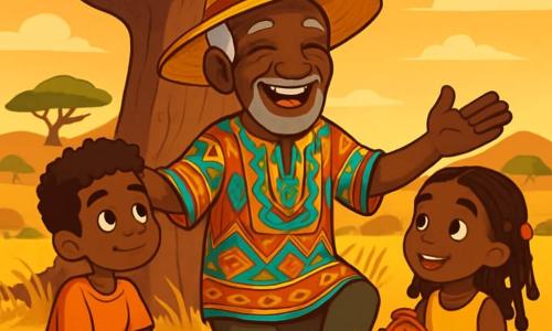 Un bărbat în vârstă, Kofi, cu pielea brună marcată de timp, ochi strălucitori de înțelepciune și un zâmbet larg și binevoitor, stă sub un baobab majestuos. Poartă o tunică colorată cu motive africane și o pălărie mare din paie. Kofi le povestește copiilor o poveste captivantă, cu brațele deschise, exprimând o bucurie contagioasă. Printre copii, Adama, un băiat de zece ani cu părul creț și ochi curioși, ascultă atent, așezat în fund pe pământ. Lângă el, Amina, o fetiță de nouă ani cu împletituri împodobite cu mărgele colorate, zâmbește și îl privește pe Kofi cu admirație, ținând în mâini o amuletă din lut. Scena se desfășoară într-o savană aurie, luminată de soarele apus, unde iarba dansează ușor în bătaia vântului. În fundal, colinele ondulate și câțiva copaci rari adaugă profunzime peisajului. Kofi povestește despre importanța prieteniei și a împărtășirii, captând atenția copiilor, care sunt fascinați, cu ochii strălucind de entuziasm și curiozitate.