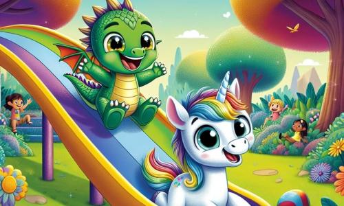 Dimi, un pequeño dragón de escamas verdes brillantes y ojos amarillos chispeantes, se desliza alegremente por un gran tobogán colorido, con una amplia sonrisa en su rostro. A su lado, Luni, un pequeño unicornio con una melena arcoíris y ojos dulces, expresa emoción y un poco de aprensión mientras se prepara para bajar por el tobogán. El decorado es un jardín escolar mágico, lleno de flores multicolores, grandes árboles con hojas brillantes y otros niños que juegan al fondo. El cielo es azul con algunas nubes blancas esponjosas, y el sol brilla alegremente. La escena muestra a Dimi y Luni en plena acción, deslizándose juntos por el tobogán, rodeados de una atmósfera de alegría y amistad, ilustrando el momento en que Luni supera su timidez y comienza a divertirse en su nueva escuela.