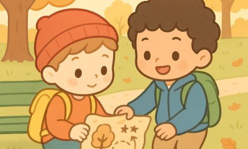 Ci sono due bambini di 4 anni: Tommaso, capelli castano chiaro corti, qualche lentiggine, berretto rosso e zainetto giallo, accovacciato a sinistra sotto una panchina verde che tiene e osserva con curiosità una mappa spiegazzata; Nico, capelli neri ricci, occhi tondi sorridenti, giacca blu e zainetto verde, in piedi a destra, tiene la mano sinistra di Tommaso e con la destra tocca la mappa, entusiasta. Ambientazione: un parco al tardo pomeriggio con erba, foglie arancioni e brune, un piccolo boschetto con una quercia sullo sfondo, un viale di ghiaia e luce dorata che filtra tra le foglie. Situazione: i due scoprono sotto la panchina una piccola mappa beige con macchie color cannella, un grande albero, tre stelle e una freccia disegnati in inchiostro scuro; gli zainetti sono a terra e una mini campanella accanto suggerisce un tesoro da trovare.