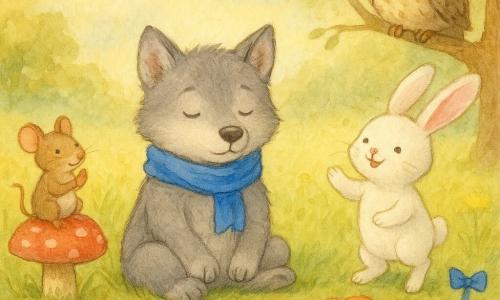 Little Lark, a soft gray wolf cub with bright eyes wearing a vivid blue scarf, sits on the grass calm and focused, breathing slowly with chest rising and falling; Pippa Rabbit, a small white bunny with long pink ears, smiles and hops beside him with a paw raised to encourage; Milo Mouse, a tiny brown mouse with fine whiskers, perches on a large red-and-white spotted mushroom, clapping gently; Hoot, an old beige owl with round glasses, watches from a low branch above; they are in Breeze Meadow, a sunlit meadow of textured green grass and dandelion flowers with a red-and-white checkered picnic blanket, berry cake slices and a small ribbon garland marking the finish line; after a playful race the cub is learning slow breathing while friends wait patiently, in a soft, reassuring atmosphere with a light breeze, tender watercolor colors, gentle textures and delicate outlines.