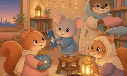 Mina the small, round anthropomorphic mouse with soft gray fur and a proud, warm smile stands on a wooden stool holding a blue bookmark with a lantern drawing; Juniper the red squirrel to her left hugs a round blue lantern and looks grateful; Grandma Saffron, a thin, adorable elderly squirrel with a knitted scarf, sits behind a table holding the lit lantern that casts specks of light; Mrs. Otter the librarian stands by a bookshelf arranging cushions and a bowl of dates; the cozy twilight library interior has light wood shelves of colorful books, a paper moon garland, plush rugs and cushions, and a string of small golden lanterns casting soft light; the scene, centered and minimal with gentle pastel warm colors (ochre, sky blue, pale pink), shows a quiet, shared Ramadan moment as Mina gives her bookmark to Juniper in a kawaii minimal style.