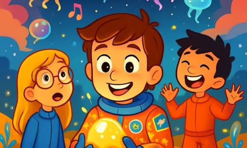 Daniel, um jovem de cabelos castanhos e olhos brilhantes de curiosidade, usa um macacão espacial colorido e brilhante, cheio de adesivos. Ele sorri entusiasticamente, segurando uma pedra luminosa nas mãos, cercado por uma aura de admiração. Ao seu lado, Luna, uma menina de 12 anos com cabelos loiros e óculos redondos, observa o céu com olhos arregalados, fascinada pelas criaturas flutuantes. Pedro, um garoto de 11 anos com cabelos negros bagunçados, ri ao tentar imitar os sons musicais das criaturas, um pouco afastado, com os braços levantados em sinal de alegria. O cenário é uma paisagem extraterrestre espetacular: um solo dourado brilhante, salpicado de plantas luminescentes que dançam suavemente em uma brisa leve. Ao fundo, nuvens coloridas flutuam em um céu estrelado, enquanto criaturas estranhas, parecidas com bolhas de sabão, giram ao redor deles, emitindo luzes cintilantes. A cena principal mostra Daniel e seus amigos, maravilhados com a beleza deste mundo desconhecido, enquanto descobrem a pedra brilhante, símbolo de sua aventura e amizade, em um momento de alegria e exploração.