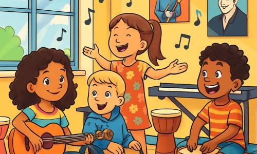 Er zijn 4 kinderen: - Roos: een 9-jarig meisje met krullend bruin haar, in een kleurrijk t-shirt en een spijkerbroek. Ze zit op de grond met een gitaar en heeft een zelfverzekerde glimlach. - Sam: een 10-jarige jongen met kort blond haar, zittend in een rolstoel. Hij draagt een blauwe hoodie en kijkt Roos bewonderend aan met sprankelende ogen. - Lisa: een 9-jarig meisje met lang, steil haar in een paardenstaart. Ze draagt een bloemenjurk en staat te zingen met open armen, alsof ze de muziek omarmt. - Max: een 9-jarige jongen met krullend zwart haar in een gestreept t-shirt. Hij zit op de grond en slaat met een grote glimlach op een percussiekist, waardoor hij ritme toevoegt aan de melodie. De situatie speelt zich af in een lichte muziekkamer met muren vol posters van beroemde muzikanten. Grote ramen laten zonlicht binnen dat de kleurrijke muziekinstrumenten verlicht. De houten vloer is licht en er zijn kleurrijke kussens om op te zitten. De kinderen componeerden samen muziek: Roos speelt gitaar, Lisa zingt enthousiast, Max houdt het ritme, en Sam moedigt hen aan met een grote glimlach. De sfeer is vrolijk en creatief, vol muzieknoten die in de lucht zweven, symboliserend hun vriendschap en samenwerking.