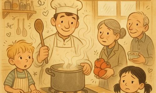 A kind smiling chef in his thirties with a round face dusted in flour, short brown hair, a slightly rumpled white apron and low toque, stirring a steaming pot with a large wooden spoon while gently patting it with his other hand; to his left Milo, about 8, tousled blond hair and curious eyes, wearing a striped kid’s apron and holding a child’s knife over a cutting board with carrot pieces; to the right Mrs. Kwan, about 50, gray hair in a bun and a gentle, slightly worried expression, holding a bag of rinsed tomatoes; a little girl of about 6 with black pigtails and a floral dress sits at a table in the foreground making a hesitant face at a bowl with a few mushrooms; an elderly thin mushroom donor of about 70 with a wrinkled, shy smile holds a small plastic container of mushrooms by the back door; the warm community kitchen has cream-tiled walls, fogged windows, wooden shelves of jars and utensils, a cast-iron pot on a gas stove, flour-marked wooden counters, colorful tea towels and a hand-painted “Community Night Kitchen” sign; the calm moment after a small bustle shows gentle steam rising, warm golden pendant light, the chef lowering the heat as Milo watches, an atmosphere of care and mutual aid with small doodle overlays (steam waves, tiny hearts, little stars).