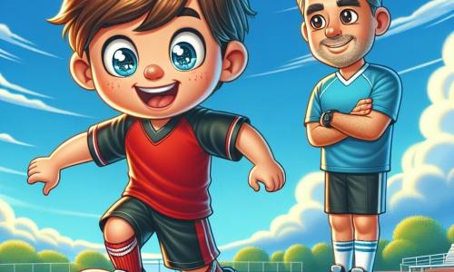 No centro da imagem, Miguel, um garoto de doze anos, é retratado com um largo sorriso no rosto e os olhos brilhando de excitação. Ele tem cabelos castanhos bagunçados e veste uma camisa de futebol vermelha com um short preto. Miguel está driblando uma bola de futebol em um campo verde, seus pés ágeis tocando a bola com facilidade. À sua direita, Ricardo, um homem de cerca de trinta anos, é mostrado com uma postura encorajadora, braços cruzados e um sorriso orgulhoso. Ele tem cabelos curtos e uma barba bem feita, vestindo uma camisa de futebol azul e calças esportivas. Ricardo observa Miguel com admiração, pronto para dar conselhos. Ao fundo, o campo de futebol é cercado por espectadores entusiasmados, com crianças e adultos aplaudindo. O céu é azul brilhante, com algumas nuvens brancas flutuando. Árvores verdes emolduram o campo, adicionando um toque de natureza a esta cena alegre. A situação principal mostra Miguel em ação, driblando a bola com determinação, enquanto Ricardo o encoraja, criando uma atmosfera de camaradagem e paixão pelo futebol.