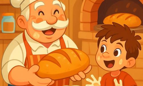 A jovial man, Mr. Baker, with a large white mustache and sparkling eyes, smiles broadly while holding a golden loaf just out of the oven. He wears a striped apron and has flour smudges on his cheeks, showing his enthusiasm for baking. Next to him, a 10-year-old boy, Timmy, with messy brown hair and excited eyes, watches in awe, his hands covered in dough. The scene takes place in a warm, inviting kitchen with light wooden walls, shelves filled with colorful jars of flour and sugar, and a large brick oven where the bread is baking. Ingredients like seeds, dried fruits, and spices are scattered on the table, adding color to the setting. The main situation shows Mr. Baker and Timmy sharing a joyful and creative moment, with the golden bread as the focal point, symbolizing the love and magic of baking.