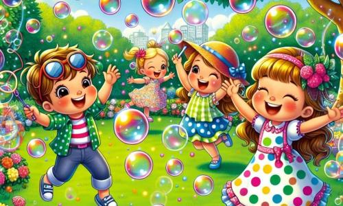 A 5-year-old girl with long brown hair and sparkling eyes is at the center of the image. She wears a colorful polka dot dress and smiles widely with her arms raised, surrounded by shimmering bubbles floating around her. To her right, a 6-year-old boy named Max, wearing a funny hat and sunglasses, laughs as he tries to catch a giant bubble that is escaping. To her left, Mia, a 5-year-old girl with braided blonde hair, joyfully dances with her arms in the air, as if dancing with the bubbles. The setting is a sunny garden filled with colorful flowers and green grass, with a large tree in the background providing shade. Soap bubbles of all sizes float in the air, creating a magical and joyful atmosphere. The main scene shows friends having fun together at a bubble party, laughing and running to catch the flying bubbles, creating a lively and happy scene.