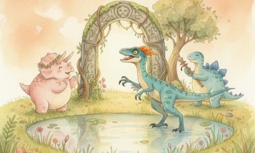 A small velociraptor named Zephyr, excited and awestruck, leads with nose raised and paw extended toward a mossy stone arch; slim, agile, short turquoise feathers with cream belly, bright golden eyes, a small orange crest and a slightly open, curious smile. To Zephyr’s left, Luna the triceratops is sweet and joyful, round and pale pink, clapping hooves with a small flower garland in her horns. In the background, Strum the friendly stegosaurus musician, broad with blue plates, plays a reed-and-shell instrument by a tree. The scene is a hidden hilltop clearing with tall swaying grass, multicolored flowers, a mirror pond reflecting an orange sunset, and a softly glowing ancient stone arch covered in carvings, moss and roots. The mood is warm and wondrous, painted in soft translucent watercolor tones with blurred edges and visible paper texture, composition centered on the arch with the characters arranged in a semicircle.