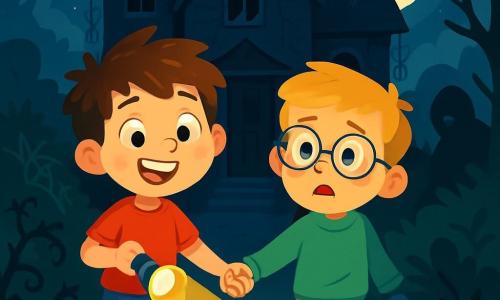 There are two main characters: Charlie, a 7-year-old boy with messy brown hair, wearing a red t-shirt and blue shorts. He has a big smile and holds a flashlight that lights up his curious face. Max, also 7, has blonde hair and round glasses, dressed in a green sweatshirt and beige pants. He looks wide-eyed and a bit worried while holding Charlie's hand. The two friends stand in front of an old haunted house, surrounded by a wild garden. The large, dark house has broken windows that resemble empty eyes. Cobwebs hang in the corners, and brambles climb up the dilapidated facade. The moon shines above, casting silver light on the stone ground and creating eerie shadows. The main scene shows Charlie and Max, brave yet slightly scared, moving toward the creaking door of the house, ready to face the unknown, their flashlights illuminating the path, while a dark figure looms in the shadows behind them, adding a touch of mystery to the illustration.