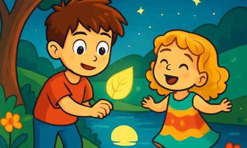 A young man named Eolan, with messy brown hair and curious bright eyes, stands by a sparkling lake, holding a glowing leaf in his hand. His face shows wonder and determination as he looks at the water's surface reflecting the moon. Beside him, a six-year-old girl with golden curls and a radiant smile softly sings, her eyes sparkling with joy. She wears a light dress in vibrant colors that dances in the wind. The scene is enchanting, with lush hills, brightly colored wildflowers, and a starry sky above them. The lake is surrounded by majestic trees whose branches gently lean, creating a magical atmosphere. The main focus is on Eolan, ready to release the leaf's light into the lake, while the little girl sings a sweet melody, drawing the stars' attention, which begin to shine even more brightly.