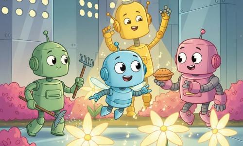 Zippy, un pequeño robot volador azul claro de metal liso con grandes ojos redondos y amplia sonrisa, está alegre y maravillado mientras flota sobre el suelo batiendo pequeñas alas; a su derecha, Tinky, un robot de cocina bajo de acero rosa con manos en forma de espátula, sostiene un mini pastel volante; detrás, Sparky, un esbelto robot-lámpara amarillo con una bombilla en la cabeza, proyecta una luz dorada sobre las flores; a la izquierda y en primer plano, Flo, un robot jardinero verde con un rastrillo diminuto, riega con ternura una flor luminosa. Los robots exploran un jardín urbano futurista: senderos de vidrio, flores bioluminiscentes en forma de estrella, arbustos de hojas neón rosa y edificios con fachadas reflectantes y ventanas redondas; la escena es colorida, de formas redondeadas y texturas suaves, con una atmósfera cálida y segura para niños pequeños.