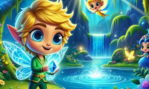 Um pequeno elfo chamado Lúcio, com cabelos dourados brilhantes e uma roupa verde cintilante, está à beira de um lago mágico, seu rosto radiante de excitação e determinação. Ele observa maravilhado a luz azul que emana da Pedra da Água que acabou de colocar na água, pronto para salvar sua floresta. Ao seu lado, uma linda borboleta chamada Bella, com asas coloridas de azul e roxo, voa alegremente ao seu redor, acrescentando um toque de magia à cena. Um pequeno pássaro chamado Pipo, com plumagem amarelo-vivo e olhos brilhantes, empoleira-se em um galho próximo, observando com curiosidade o evento. O cenário é uma floresta encantada, com árvores majestosas, flores vibrantes e um lago azul profundo que brilha sob o sol. A situação principal mostra Lúcio, com seus amigos, salvando a floresta ao colocar a Pedra da Água no lago, provocando uma explosão de luz e vida, enquanto as árvores e flores parecem dançar de alegria ao redor deles.