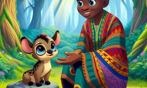 No centro da imagem, Juma, um homem de cerca de quarenta anos, com olhos brilhantes e um largo sorriso, está em pé sobre uma pedra no meio de uma floresta verdejante. Ele usa uma túnica colorida de tecido africano com padrões tradicionais e tem o cabelo trançado. Juma estende a mão para Nguvu, uma grande criatura feroz com olhos tristes e pelagem acastanhada, que exibe uma expressão curiosa e suave. Nguvu, parecendo um adolescente, está sentado ao lado de Juma, inclinado como se estivesse pronto para ouvir. Embora tenha dentes afiados, seu olhar é amigável e observa Juma com interesse. A cena acontece na Floresta Sussurrante, onde grandes árvores com troncos grossos e folhas luxuriantes criam uma atmosfera mágica. Raios de sol filtram pelas ramas, iluminando o chão coberto de flores coloridas e samambaias. A situação principal mostra Juma conversando com Nguvu, propondo que ele se torne o guardião da árvore antiga, enquanto pássaros coloridos voam ao redor, adicionando vida a esse encontro inesperado.