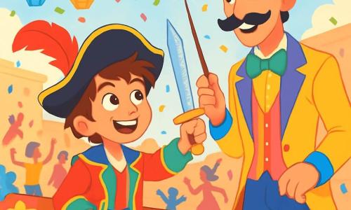 Um garoto de 12 anos, Rui, com cabelos castanhos bagunçados e olhos brilhantes de curiosidade, veste um traje de pirata colorido, com um chapéu preto adornado com uma pena vermelha. Ele sorri maravilhado, segurando uma espada de plástico brilhante, enquanto está em uma carroça decorada com flores de papel e guirlandas multicoloridas. Ao seu lado, o Maestro Camaleão, um homem alto e esguio, vestido com um traje flamboyant de cores vivas, com um grande bigode e uma batuta brilhante, observa Rui com um sorriso gentil, pronto para apresentá-lo às maravilhas do carnaval. A cena acontece em uma grande praça animada, cheia de confetes flutuantes e lanternas coloridas, onde as pessoas dançam alegremente, criando uma atmosfera festiva e mágica. Rui, deslumbrado, descobre um mundo fantástico durante o carnaval, cercado por criaturas extraordinárias e cores vibrantes, enquanto a carroça mágica o leva a aventuras inesquecíveis.