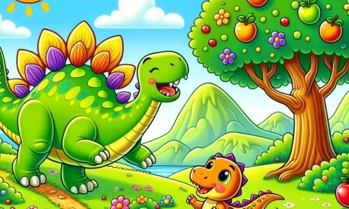 Un stegosaurus vesel, cu o piele verde și plăci colorate pe spate, stă în centrul imaginii, zâmbind cu ochii strălucind de emoție. Aleargă printr-o pajiște însorită, înconjurat de flori strălucitoare și fluturi colorați care zboară în jurul lui. În dreapta sa, un tânăr dinozaur T-Rex, cu o piele maronie și brațe mici, se uită cu un zâmbet mare, mâncând un fruct suculent. În stânga, un dinozaur mic, cu o piele galbenă și pete roșii, sare de bucurie, cu brațele ridicate, îndreptându-se către un copac plin de fructe. Decorul este o frumoasă insulă preistorică, cu munți verzi în fundal și un cer albastru presărat cu nori albi pufoși. Scena ilustrează prietenia și aventura, în timp ce cei trei dinozauri se îndreaptă vesel spre un copac plin de fructe delicioase, pregătiți să împărtășească un moment de fericire împreună.