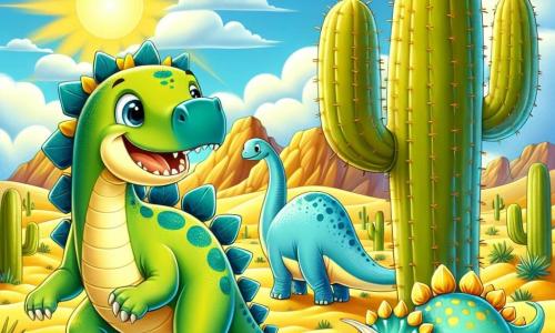 Un stegosaur vesel, cu un corp verde strălucitor și plăci dorsale colorate în albastru și galben, stă sub un cactus uriaș, zâmbind și privindu-se în jur cu curiozitate. Lângă el, un brontosaur cu gât lung, de culoare albastru deschis, îl observă cu ochi strălucitori de entuziasm, în timp ce un mic ceratops, cu coarne delicate și blană portocalie, caută comori ascunse în sol. Decorul este un vast deșert auriu, presărat cu cactuși și stânci, sub un cer albastru strălucitor și un soare radiant care luminează scena. Situația principală arată cei trei dinozauri în plină explorare, căutând comori în nisipul cald, plini de entuziasm și aventură.
