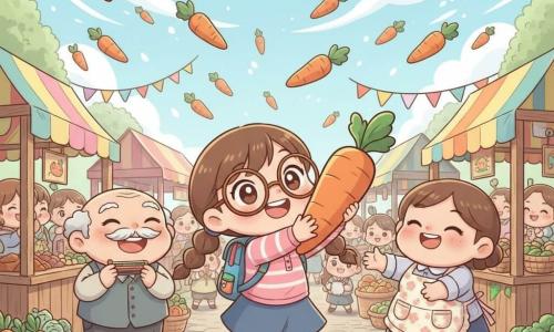 Daisy, a smiling 10-year-old girl with round glasses and brown pigtails, wearing a colorful backpack and dynamically grabbing a large floating carrot with both hands and bright eyes; Old Farmer Jenkins, about 60, round-faced with a white mustache, laughing and holding a harmonica near a wooden fence to Daisy's left; Mrs. Peabody, around 50, jovial and plump in a floral apron, reaching from her market stall to catch another flying carrot to Daisy's right; Wibbleton market with brightly painted wooden stalls, banners, baskets of vegetables and cobbled stones, a chibi crowd applauding; dozens of vivid orange carrots spin through the sky like birds casting soft shadows; an absurd joyful moment in a festive, saturated, soft-lit, cute style.