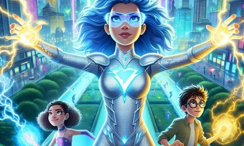În centrul imaginii se află Electra, o supereroină cu părul albastru electric și un costum strălucitor argintiu, care emană o aură de determinare și curaj. Își ridică brațele spre cer, înconjurată de fulgere luminoase, pregătită să înfrunte pericolul cu o privire concentrată și încrezătoare. La dreapta ei se află Alex, un băiat de aproximativ 12 ani, cu părul brun și ochelari rotunzi, care manipulează bucăți de metal plutitoare, creând bariere protective, cu fața marcată de concentrare. La stânga ei, Lila, o fetiță de 11 ani cu părul blond și buclat, se concentrează pe transformarea sunetelor în energie, zâmbind cu ochii strălucind de entuziasm, dirijând unde de energie colorată spre haosul din jur. Decorul este un centru urban futurist, cu zgârie-nori strălucitori, parcuri verzi și lumini de neon care iluminează noaptea. Umbre amenințătoare se conturează în spatele clădirilor, creând o atmosferă de tensiune. Situația principală arată cum Electra și tinerii ei însoțitori sunt în plină acțiune, uniți pentru a lupta împotriva antagonistului misterios, Umbra, care atacă orașul. Fulgerele și undele de energie se intersectează într-o luptă epică, simbolizând lupta dintre bine și rău.