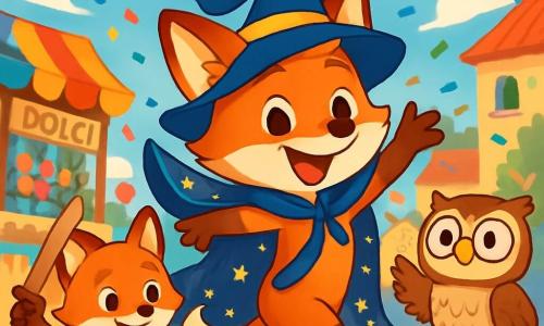 Al centro dell'immagine, una giovane volpe dai peli lucenti e dorati, chiamata Furbetto, indossa un costume da pirata magico con un lungo mantello blu cosparso di stelle scintillanti. Sorride gioiosamente, con gli occhi brillanti di eccitazione, mentre fa una pirouette sulla scena del carnevale. A destra, un saggio gufo dalle piume marroni e bianche, con piccoli occhiali rotondi, osserva ammirato, con le ali leggermente aperte come se volesse applaudire. A sinistra, una volpe arancione, chiamata Arancino, brandisce una spada di legno con espressione determinata, gli occhi brillanti di orgoglio, pronta a sostenere il suo amico. Il contesto è una piazza animata, piena di colori vivaci: bandierine multicolori sventolano nel vento, bancarelle di dolci decorate con fiori, e gli abitanti del villaggio, felici e sorridenti, lanciano coriandoli in aria. La scena cattura il momento in cui Furbetto, al culmine della gioia, si prepara a partecipare alla grande parata del carnevale, circondato dai suoi amici e da una folla entusiasta, tutti pronti a festeggiare insieme.