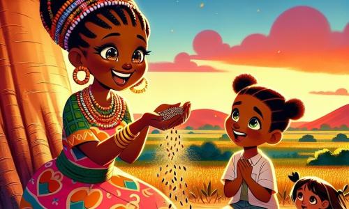 Nia, una donna africana dal sorriso splendente e dagli occhi brillanti di gioia, è seduta sotto un grande baobab. Indossa un abito colorato con motivi vivaci e ha i capelli intrecciati con perline scintillanti. Tiene un pugno di semi tra le mani, guardando i bambini con tenerezza ed entusiasmo. Amadou, un ragazzo di 6 anni con occhi brillanti e pelle dorata, è accanto a lei, con le braccia alzate, pronto a piantare un seme. Sira, una bambina di 5 anni con trecce e un vestito a fiori, è seduta per terra, ascoltando attentamente Nia, con un sorriso curioso sul volto. Il luogo è una collina rossa, illuminata dalla luce dorata del sole al tramonto, circondata da campi verdi e un cielo blu punteggiato di nuvole rosa. La scena principale mostra Nia che insegna ai bambini l'importanza di piantare semi in segno di gratitudine verso la terra, mentre una leggera brezza fa danzare la polvere dorata intorno a loro, creando un'atmosfera magica e gioiosa.