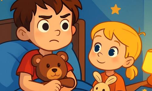 A 6-year-old boy with messy brown hair and sparkling curious eyes is lying in his bed. His face shows slight worry but also determination. He is holding tightly to a teddy bear named Mr. Snuggles, who has a gentle smile and open arms. Next to him, a 4-year-old girl with blonde hair and blue eyes looks on with admiration. She holds a small bunny plush and seems intrigued by the nighttime adventure. The room is cozy, with light blue walls and golden stars stuck to the ceiling. A small night lamp casts a soft light, creating friendly shadows on the walls. On the nightstand, an illustrated book about stars is open, and a small light brightens the corner of the room. In this scene, the boy and girl are preparing to explore the mysteries of the night, surrounded by reassuring darkness. They listen attentively to the sounds of the night, ready to discover the hidden wonders in the dark.