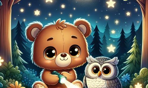 Un pequeño oso de peluche, Osito, con un suave pelaje marrón y ojos redondos y brillantes, mira maravillado las estrellas centelleantes en el cielo nocturno, con una ligera sonrisa en su rostro, mientras sostiene una pequeña linterna que ilumina su cara. A su lado, un sabio búho de plumas blancas y grises, posado en una rama, observa atentamente a Osito con ojos redondos y curiosos, emitiendo un 