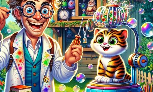 A cheerful man, Professor Puddlewick, with messy hair and round glasses, smiles enthusiastically as he stands in front of his whimsical machine. He wears a brightly splattered lab coat and holds a screwdriver in one hand. Next to him, his cat Whiskers, a small tabby, curiously watches with wide eyes while sitting on a pile of books. The setting is an eccentric garden filled with colorful teapots, funny-faced garden gnomes, and thousands of soap bubbles floating in the sunny air. In the background, a wooden shed is adorned with strange gadgets and climbing plants. The main scene shows Professor Puddlewick testing his bubble machine, which spins around, projecting sparkling bubbles in all directions, while Whiskers, atop a stack of books, gets splashed by a bubble that bursts right next to him.