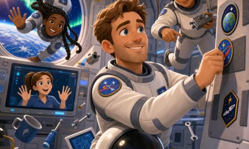 Adult man smiling and moved, bright eyes and proud look, helmet under his arm, white and gray spacesuit with colorful patches, sticking a patch on a Velcro wall inside the station; Dr. Amari Chen, brown skin, short curly hair floating, gentle focused expression, holding a small technical box and pointing, just behind him to his right; Captain Nia Okoye, dark skin, braided hair floating, welcoming smile, floating slightly head-down near the porthole and waving, to his left; Jada, about 23, ponytail and sparkling eyes, shown on a screen/comm with hands raised in excitement near a console behind the group; stylized station interior with light metal walls and hex panels, yellow rails and handles, organized cables, floating tablets and tools, large round porthole showing blue Earth and a distant green aurora; main scene: a calm, joyful team celebrating installing a device and affixing the patch, soft sunlight through the porthole, small particles and objects floating in microgravity, warm atmosphere, vivid colors and strong contrasts, composition centered on the man placing the patch with Earth in the background.