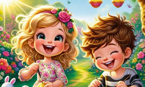 An 8-year-old girl named Lily, with big bright eyes and curly blonde hair, is painting colorful Easter eggs on a wooden table. She smiles enthusiastically, her cheeks flushed with excitement, wearing a pretty floral dress. Next to her, her best friend Max, a 7-year-old boy with messy brown hair and a striped t-shirt, laughs while holding a decorated egg with a big smile. He leans over the table, adding glitter to his egg, looking just as joyful as Lily. The setting is a sunny garden filled with vibrant flowers, with a large oak tree in the background where colorful lanterns are hanging. Small plastic bunnies are scattered around, adding a festive touch to the atmosphere. The scene captures Lily and Max engaged in the activity, laughing and creating joyful memories while painting Easter eggs, surrounded by the beauty of spring and the spirit of the holiday.