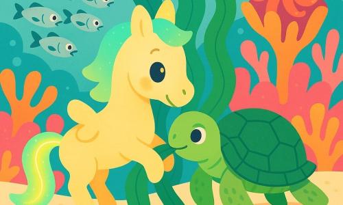 A small star-pony as the main character—glowing and gentle, big kind eyes, ribbon-like light tail, small round fins—gently pushing a long seaweed with its back; a friendly green turtle as secondary character—rounded textured shell, calm focused expression—holding the seaweed near the star-pony’s mouth; a school of small silver fish with shiny scales and surprised-then-happy faces in the background waiting to pass along the coral path; a tiny curious octopus curled in a coral cup, waving a tentacle to encourage them; the setting is a graphic coral garden: simple rounded pink, orange and yellow corals, soft cream sand, large waving green seaweeds and translucent bubbles; the scene emphasizes cooperation, calm reassuring mood, centered composition with clear readable gestures; visual style: flat vector illustration with broad shapes, clean outlines, a saturated pastel palette with neon accents for the glowing tail, soft lighting and subtle water sparkles.