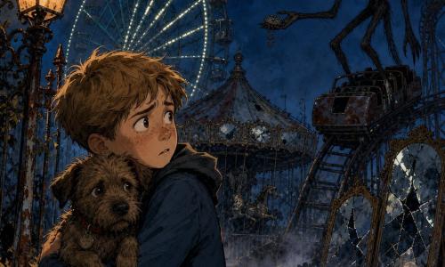 A 10-year-old boy with a round freckled face, worried wide eyes and short messy brown hair holds a small trembling brown dog, Oliver, wearing a red collar with a tag, in a tense protective posture as he turns from the funhouse; behind him on a rollercoaster sits a shadowy, long-limbed creature with sharp teeth and a wide grin, ghostly and nonhuman, reaching out as if offering something strange. The scene is the nighttime entrance to an amusement park with rusted fences, a broken carousel and a Ferris wheel lit by pale neon and cracked mirrors reflecting distorted shapes, under a deep midnight-blue sky with light ground mist, yellow-orange lamp glow and long contrasting shadows. Visual style: visible-stroke colored ink, grainy textures, limited palette (midnight blue, ochres, muted reds) and strong contrasts, eerie but child-appropriate.