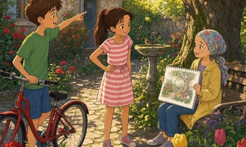 Three children: Daniel, about 10, short brown hair, observant, wearing a green T‑shirt and blue shorts, holding a red bike at the left and pointing toward the garden; Mia, about 10, long hair in a ponytail, warm smile, wearing a pink-and-white striped dress, standing center with a hand on her hip looking at Lily; Lily, about 10, hair regrowing under a colorful headscarf, wearing a light yellow coat, seated right by a wooden bench holding an open sketchbook and showing a drawing. Setting: a small walled garden behind an old house with a paved path, red roses and multicolored tulips, a large oak with exposed roots, a weathered wooden bench and a slightly mossy stone birdbath, bathed in soft golden late-afternoon light. Scene: the three children joyfully celebrate Lily’s recovery as she shows her garden drawing, the others smile admiringly amid open flowers, gently moving leaves and shafts of light through the branches.