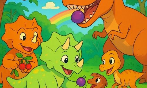 Trixi, ein junger Triceratops vorn, fröhlich und selbstbewusst, hellgrüne, gelb gesprenkelte Haut, großer runder Nackenschild mit drei kleinen Spitzen und kurzen abgerundeten Hörnern, reicht eine Pfote zu einer glänzenden Frucht; Max, ein stämmigerer Triceratops links hinter ihr, lächelt und hält einen Zweig voller roter Früchte; Lili, zierlicher und kleiner, schaut staunend rechts und hüpft leicht; Raptor, ein kleiner, wendiger Velociraptor, hockt auf dem Boden, aufgeregt, mit braunen Federbüscheln und lebhaften Augen, schnüffelt an der Frucht; Rexy, ein großer, freundlicher T-Rex hinten rechts, braun-orange, hat das Maul geöffnet und beißt in eine große violette Beere. Die Szene spielt in einer hellen Dschungellichtung mit breiten smaragdgrünen Blättern, hängenden Lianen, bunten Blumen, einem knorrigen Obstbaum und einem kleinen Bach, durch den ein Sonnenstrahl einen Regenbogen bildet; Stimmung von Frieden und Teilen, warme, freundliche Ausdrücke und Gesten. Grafischer Stil: klare Konturen, satte Farben, sanfte Schatten, warme, expressive 90er-Cartoon-Atmosphäre.