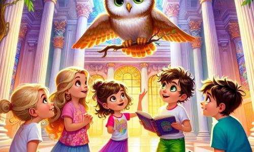In a large, bright temple, five little friends stand together: Lily (girl, 5 years old) has long blonde hair and wears a pink floral dress. She gazes in wonder at a big owl perched on a branch. Max (boy, 5 years old) has messy brown hair and wears a blue t-shirt. He holds an open book in his hands, ready to ask a question. Bella (girl, 5 years old) has curly brown hair and wears a purple skirt. She smiles at the owl, eager to learn. Sam (boy, 5 years old) has black hair and wears green shorts. He sits on the floor, legs crossed, thinking of a question. Leo (boy, 5 years old) has blonde hair and wears a red t-shirt. He stands with his arms raised, as if wanting to ask the owl a question. The temple is majestic, with white marble walls and colorful stained glass windows letting in rays of light. Green tree branches extend inside, creating a magical atmosphere. The children gather around the big owl, Oliver, who talks to them about wisdom and the importance of asking questions. They listen attentively, their eyes shining with excitement and curiosity.