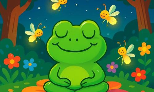 Ochișor, o broască mică verde cu piele lucioasă și ochi rotunzi strălucind de serenitate, stă întinsă pe un covor moale de petale colorate, zâmbind liniștită. Respira lent, cu labele pliate sub ea, într-o postură de meditație. În jurul ei, licuricii strălucitori, mici creaturi luminoase cu corpuri translucide și aripi delicate, dansează vesel în aer, iluminând scena cu o lumină aurie și caldă. Locația este o poiană magică, înconjurată de copaci mari cu trunchiuri groase și frunze verzi strălucitoare, unde flori multicolore cresc din abundență, creând un tablou viu de culori vii. Noaptea este liniștită, cu un cer înstelat, iar o briză blândă face frunzele să danseze. Ochișor se află într-un moment de calm, respirând profund și lăsându-se purtat de serenitatea nopții, în timp ce licuricii o înconjoară, creând o atmosferă de vis și liniște.