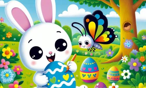 Pepito, un pequeño conejo blanco con grandes orejas y ojos chispeantes de alegría, está pintando un huevo de Pascua azul brillante con una amplia sonrisa en su rostro. A su lado, una mariposa colorida con alas amarillas y negras vuela alegremente, fascinada por el trabajo de Pepito. El jardín está lleno de flores brillantes, con árboles verdes y un cielo azul claro salpicado de nubes blancas y esponjosas. Al fondo, se ve un gran árbol donde Pepito ha escondido huevos. La escena muestra a Pepito y la mariposa en plena actividad, rodeados de huevos de Pascua coloridos, mientras el sol brilla, creando un ambiente alegre y festivo.