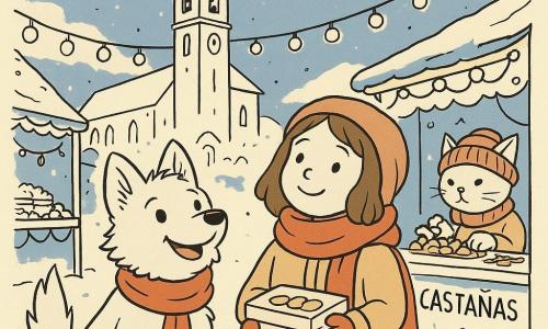 Un pequeño lobo llamado Lino, con un pelaje suave y ojos brillantes de alegría, está de pie en la nieve, levantando la cabeza hacia el cielo. Lleva una bufanda roja alrededor de su cuello. A su lado, una niña humana, abrigada en un grueso abrigo, sonríe cálidamente sosteniendo una caja de galletas. Lleva la bufanda roja de Lino sobre sus hombros. En el fondo, un gato con un gorro de lana está sentado cerca de un puesto de castañas, contando monedas con una expresión concentrada. La escena tiene lugar en una plaza de pueblo nevada, decorada con guirnaldas luminosas y puestos de mercado navideño. Arriba, una gran iglesia con un campanario se eleva hacia el cielo, donde una fina capa de nubes se disipa, revelando estrellas centelleantes. La campana de la iglesia está sonando, y su sonido parece iluminar la escena con un resplandor cálido y festivo.