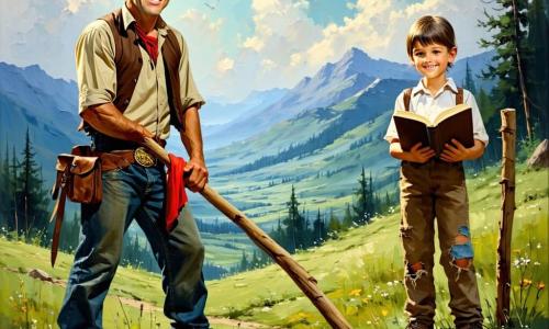 Un hombre adulto, Tomás, rostro bronceado, ojos claros y sonrisa serena, con sombrero vaquero gastado, camisa beige y chaleco marrón, clava un mojón de madera con un trapo rojo en la cima, apoyado en su pico, erguido en una colina herbosa; a su lado un adolescente, Milo (≈15 años), pecoso y despeinado, con pantalones remendados, orgulloso y aliviado, sostiene un cuaderno abierto mirando la estela; a la izquierda, doña Clara (≈50 años), con vestido sencillo y cabello cano recogido, sujeta una cantimplora y una carta, observando con ternura; cerca, don Eusebio (≈60 años), robusto y con bigote gris, brazos cruzados junto a una montura vieja, protege la escena; a la derecha, el caballo Relámpago, grande y negro, crin al viento, atento; paisaje de colina sobre un valle con praderas verdes, un pequeño bosque y humo tenue de un pueblo, cielo azul con nubes esponjosas y luz dorada de la tarde; momento triunfal y sereno tras plantar el último mojón, bandera roja al viento, polvo lejano, tonos cálidos, composición clara y colores saturados con textura de pintura acrílica visible.