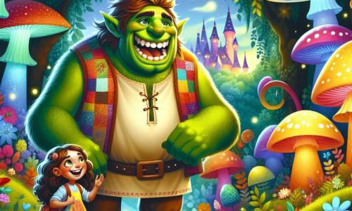 Um ogro verde, grande e musculoso, está no centro da cena, com um sorriso caloroso e olhos brilhantes de bondade. Ele usa uma túnica de retalhos coloridos e calças de lona, e ri alegremente, mostrando seus grandes dentes brancos. Ao seu lado, uma menina de dez anos, com cabelos cacheados castanhos e olhos brilhantes de curiosidade, observa o ogro com admiração. Ela veste um vestido colorido e uma mochila cheia de livros. O cenário é uma linda floresta encantada, onde as árvores têm folhas multicoloridas, flores luminosas e cogumelos gigantes que brilham no escuro. Vaga-lumes dançam ao redor deles, acrescentando um toque mágico à atmosfera. A cena principal mostra o ogro e a menina rindo juntos, cercados por criaturas fantásticas, enquanto descobrem um caminho secreto que leva a um castelo cintilante nas nuvens.