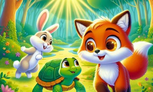 Un pequeño zorro llamado Rufi, con un pelaje naranja brillante y ojos brillantes como estrellas, se encuentra en el centro de la escena, mostrando una expresión alegre y curiosa. A su derecha, una tortuga llamada Tula, con un caparazón verde y ojos dulces, mira a Rufi con una sonrisa alentadora, lista para ayudarlo en su búsqueda. A la izquierda, un alegre conejo llamado Lino, con grandes orejas y pelaje blanco, salta en su lugar, lleno de energía y entusiasmo. La escena se desarrolla en una hermosa clareira del bosque, rodeada de majestuosos árboles de hojas verdes brillantes y flores coloridas que bailan al viento. Al fondo, un suave rayo de sol filtra a través de las ramas, iluminando la escena con una luz dorada. Rufi, Tula y Lino están juntos, mirando asombrados una flor mágica dorada que brilla en el centro de la clareira, simbolizando la amistad y la magia de su aventura.