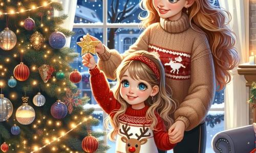 Una bambina di 5 anni, Sofia, con lunghi capelli biondi e occhi azzurri che brillano di gioia, si trova davanti a un magnifico albero di Natale decorato con luci scintillanti e palline colorate. Indossa un bel maglione rosso con un motivo di renna e pantaloni di velluto, sorridendo meravigliata mentre tiene un'astro dorato tra le mani. Accanto a lei, sua madre, una donna di una trentina d'anni con capelli castani e un sorriso caloroso, le sta mostrando come appendere l'astro in cima all'albero. Indossa un maglione di lana beige e pantaloni comodi, chinandosi leggermente per aiutare la figlia. La scena si svolge in un soggiorno accogliente, pieno di decorazioni natalizie: ghirlande luminose appese alle finestre, calze appese sopra il camino e fiocchi di neve che cadono dolcemente all'esterno attraverso il vetro. Sofia e sua madre stanno decorando insieme l'albero di Natale, creando un'atmosfera magica e gioiosa, piena di amore ed eccitazione per le festività in arrivo.