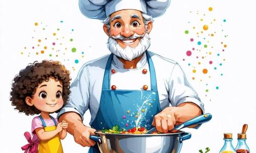 Lo chef Luigi, un uomo di mezza età con un grande sorriso, indossa un elegante cappello da chef bianco a forma di nuvola e un grembiule colorato. I suoi occhi brillano di eccitazione mentre mescola ingredienti in una grande ciotola, circondato da colori vivaci e deliziosi aromi. Accanto a lui, Sofia, una bambina di 8 anni con capelli ricci e occhi brillanti, osserva con meraviglia. Indossa un piccolo grembiule a fiori e tiene una spatola, pronta ad aiutarlo a decorare la magnifica torta arcobaleno. La scena si svolge in una cucina calda e accogliente, con pareti dipinte di giallo pastello, mensole piene di barattoli di spezie colorate e una grande finestra che lascia entrare la luce del sole. Sul piano di lavoro, frutta fresca e ingredienti sono sparsi, creando un vero e proprio quadro di golosità. La situazione principale mostra lo chef Luigi e Sofia mentre preparano insieme una squisita torta arcobaleno, con strati di colori vivaci, mentre ridono e condividono la loro passione per la cucina.