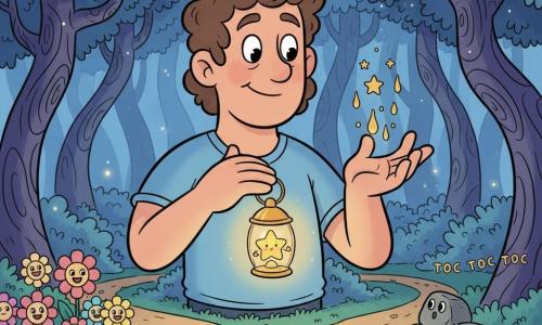 Un uomo chiamato Elio, alto dalle larghe mani, pelle chiara e capelli castani ricci, con un’espressione dolce e meravigliata, stringe al petto una piccola lanterna dorata animata: una stellina respirante che sorride e diffonde gocce di luce color miele sopra la sua mano; sullo sfondo, a sinistra un sentiero bordato di fiori sorridenti rosa, gialli e blu, a destra pietre antropomorfe grigie impilate a formare un muretto che fa “toc toc” verso il bosco; la scena è una radura in una foresta blu al crepuscolo, tronchi torsadati indaco, foglie scintillanti, muschio verde e piccole lucciole fluttuanti; Elio sceglie il suo cammino mentre la lanterna-stella illumina dolcemente tre sentieri, atmosfera calda, magica, colori pastello e contorni arrotondati.