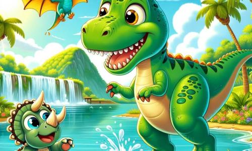 Ein Tyrannosaurus Rex namens Leo, mit leuchtend grüner Haut und großen neugierigen Augen, steht fröhlich am Ufer eines großen Sees und spritzt mit seinen kleinen Vorderbeinen Wasser. Er zeigt ein breites Lächeln und seine Begeisterung für das Abenteuer. Neben ihm beugt sich ein Triceratops namens Trici, mit drei großen Hörnern und grauer Haut, neugierig über das Wasser. Ein kleiner Flugsaurier mit bunten Flügeln fliegt über ihnen und lacht, während er Pirouetten in der Luft macht. Die Szenerie ist eine grüne Insel, umgeben von Palmen und bunten Blumen, mit einem hellblauen Himmel und einigen fluffigen weißen Wolken. Der See strahlt in leuchtendem Blau und reflektiert die Sonnenstrahlen, die am Horizont untergehen, was eine warme und magische Atmosphäre schafft. In dieser Szene haben Leo und seine Freunde Spaß beim Spielen und Planschen im See an einem schönen Sommertag, voller Lachen und Freude.